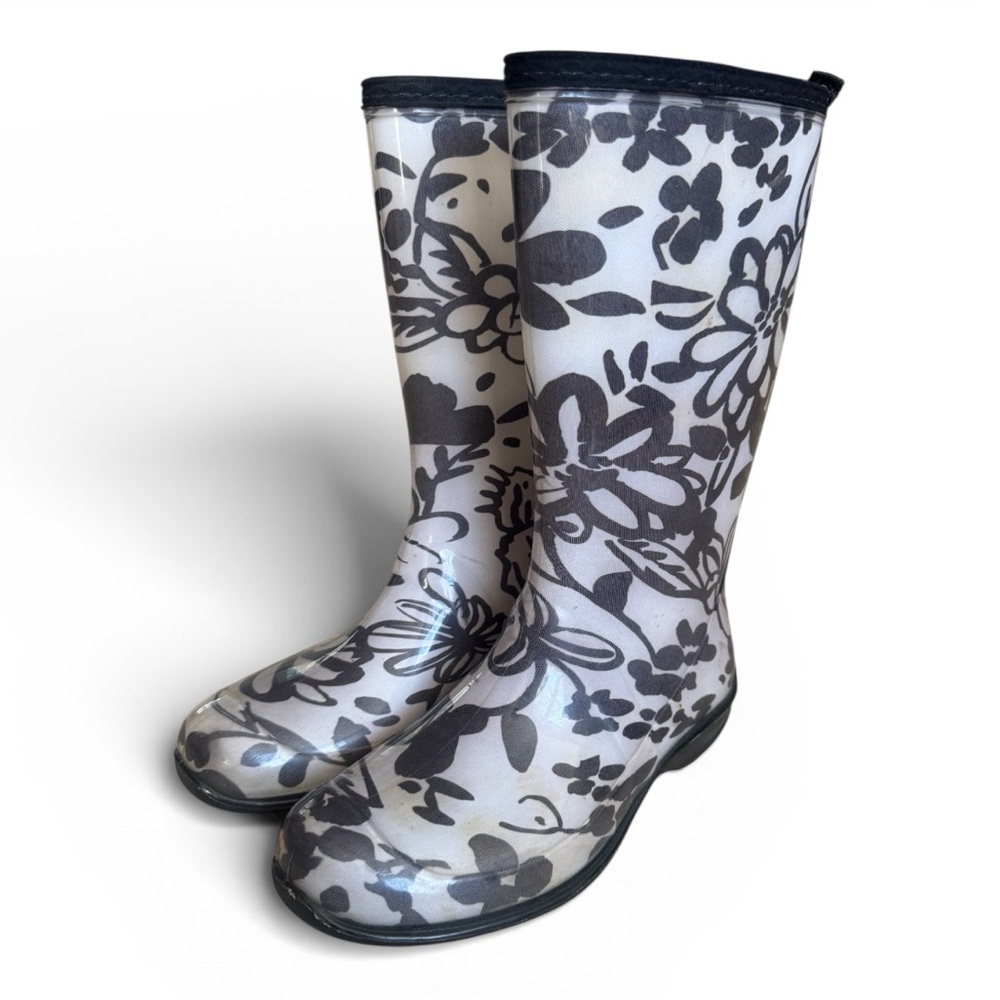 Kamik Floral Rain Boots Waterproof Rubber Shoes Black White Women’s 7